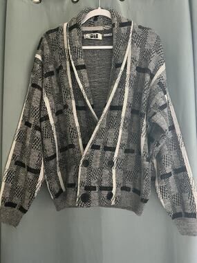 Vintage Jed Plaid Stripe Shawl Sweater Cardigan 80’s Black Gray Grandpacore M